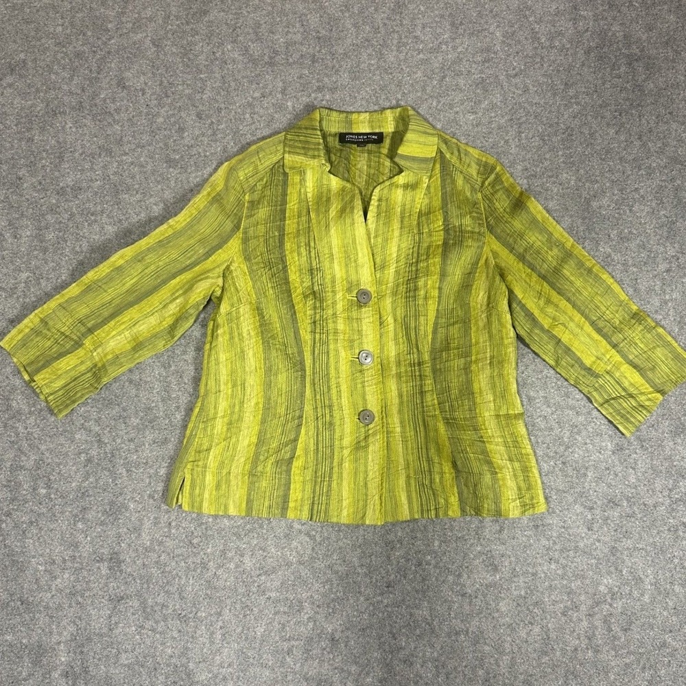 Jones New York Collection Petite Blazer 4P Lime Green Striped Linen Blend